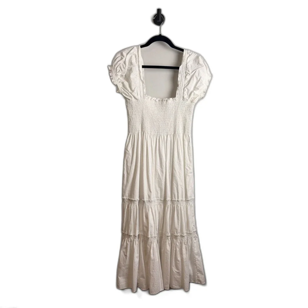 O.P.T Lazy Afternoon Dress White Maxi Medium Smocked Cotton Lined Puff Sleeve - Picture 15 of 15